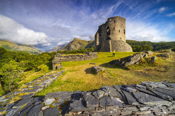 A tourist observes Dolbadarn Castle during summer, Gwynedd, Snowdonia National Park, Wales, Great Britain, United Kingdom (MR)