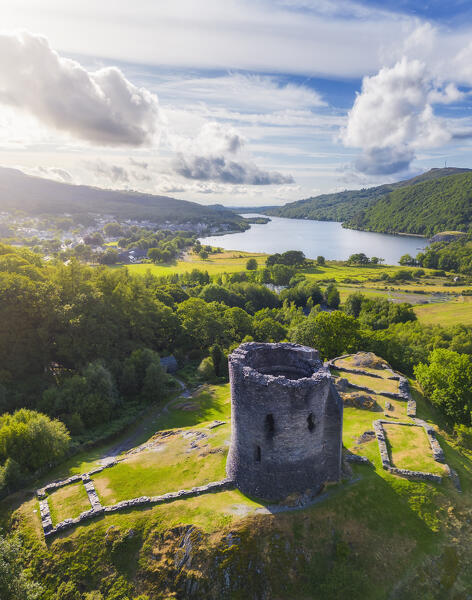 Aerial view of Dolbadarn Castle and Llyn Peris during summer, Gwynedd, Snowdonia National Park, Wales, Great Britain, United Kingdom