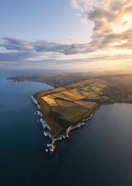 Aerial view of Old Harry Rocks at sunset during summer, Handfast Point, Purbeck isle, Dorset,  England, Great Britain, United Kingdom