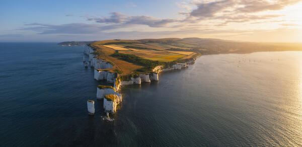 Aerial and panoramic view of Old Harry Rocks at sunset during summer, Handfast Point, Purbeck isle, Dorset,  England, Great Britain, United Kingdom