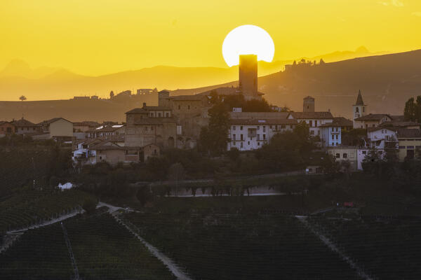 Castiglione Falletto in backlight at sunset during autumn, Cuneo, Langhe and Roero, Piedmont, Italy, Southern Europe