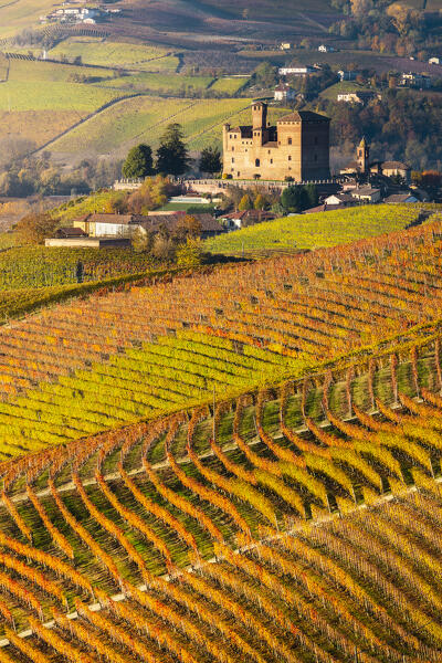 Grinzane Cavour and coloured vineyards at sunrise during  autumn, Cuneo, Langhe and Roero, Piedmont, Italy, Southern Europe