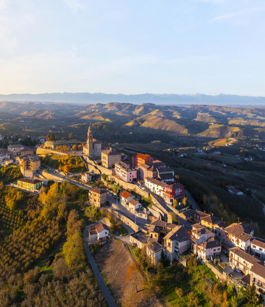 Aerial view of Diano D'Alba at sunrise during  autumn, Cuneo, Langhe and Roero, Piedmont, Italy, Southern Europe