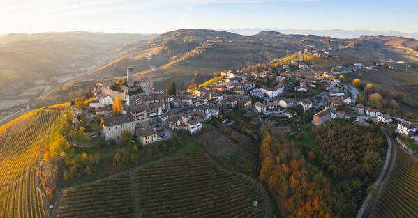 Aerial view of Castiglione Falletto at sunrise during  autumn, Cuneo, Langhe and Roero, Piedmont, Italy, Southern Europe