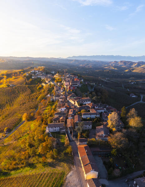Aerial view of Diano D'Alba at sunrise during  autumn, Cuneo, Langhe and Roero, Piedmont, Italy, Southern Europe