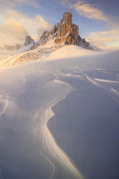 Passo Giau during winter at sunset, Belluno, San Vito di Cadore, Ampezzo Dolomites, Veneto, Italy, Western Europe