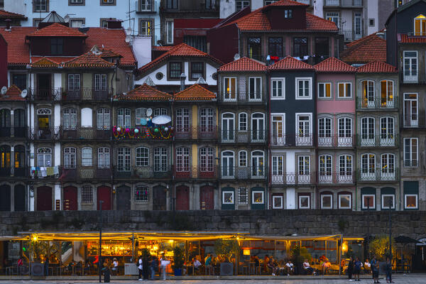 Blue hour over Cais da Ribeira viewed from Vila Nova de Gaia, Vila Nova de Gaia, Porto district, Norte Region, Portugal, Iberian Peninsula, Western Europe