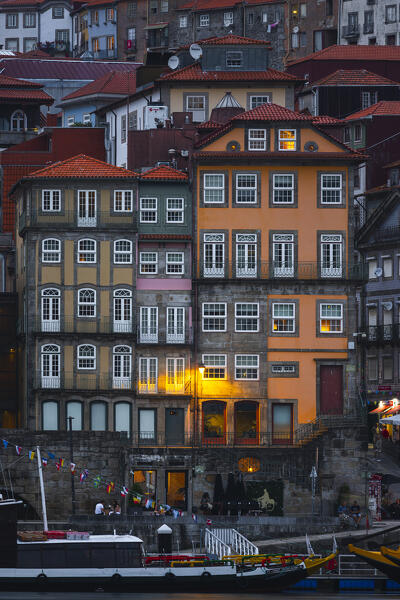 Blue hour over Cais da Ribeira viewed from Vila Nova de Gaia, Vila Nova de Gaia, Porto district, Norte Region, Portugal, Iberian Peninsula, Western Europe