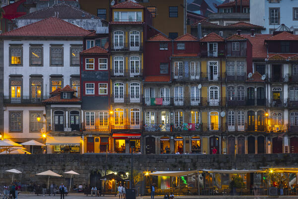 Blue hour over Cais da Ribeira viewed from Vila Nova de Gaia, Vila Nova de Gaia, Porto district, Norte Region, Portugal, Iberian Peninsula, Western Europe