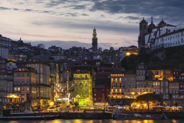 Blue hour over Cais da Ribeira and Torre dos Clerigos viewed from Vila Nova de Gaia, Vila Nova de Gaia, Porto district, Norte Region, Portugal, Iberian Peninsula, Western Europe