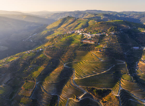 A beautiful view of Douro Valley with its vineyards viewed from Casal de Loivos at sunset, Alijò, Vila Real, Douro, Norte, Portugal, Iberian Peninsula, Western Europe
