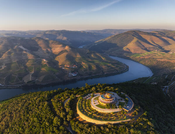 Aerial view of Douro Valley with its vineyards viewed from Quinta Das Carvalhas viewpoint at sunset, Alijò, Viseu, Douro, Norte, Portugal, Iberian Peninsula, Western Europe