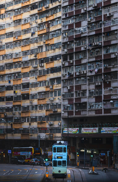 Tram and Nam Tin building, North Point. Hong Kong, China, Asia