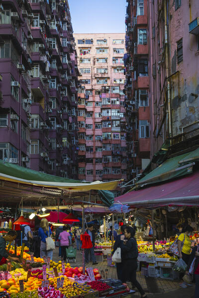 Street market and typical buildings in  Quarry Bay. Hong Kong, China, Asia