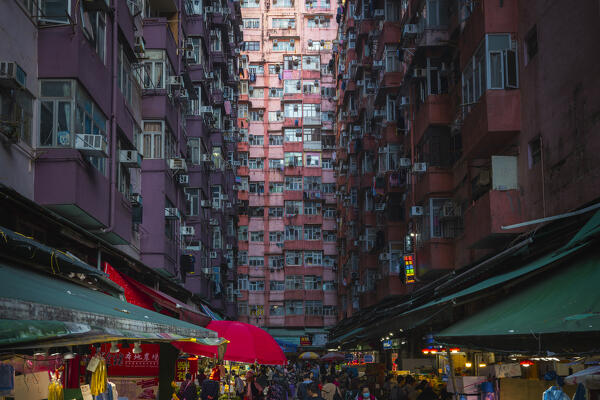 Street market and typical buildings in  Quarry Bay. Hong Kong, China, Asia