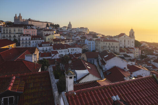 View of Lisbon and Tago river from Portas do Sol viewpoint during sunrise, Alfama, Lisbon, Portugal, Iberian peninsula, Western Europe