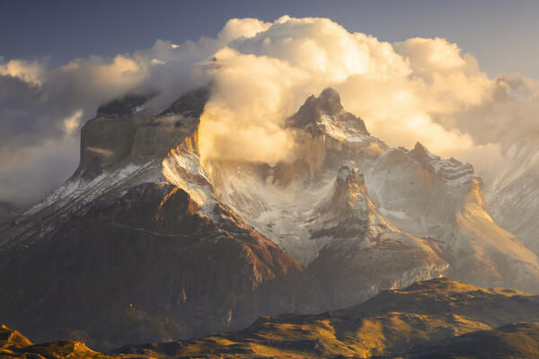 Cuernos del Paine during sunrise, Torres del Paine NP, Ultima Esperanza, Region de Magallanes y de la Antartica Chilena, Patagonia, Chile, South America