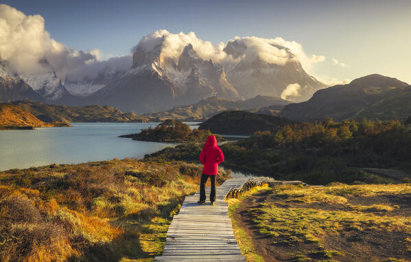 A tourist observes Lake Pehoe and Cuernos del Paine in the background during sunrise, Torres del Paine NP, Ultima Esperanza, Region de Magallanes y de la Antartica Chilena, Patagonia, Chile, South America