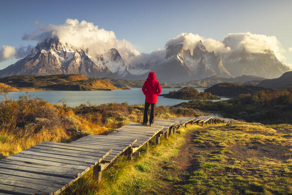 A tourist observes Lake Pehoe and Cuernos del Paine in the background during sunrise, Torres del Paine NP, Ultima Esperanza, Region de Magallanes y de la Antartica Chilena, Patagonia, Chile, South America