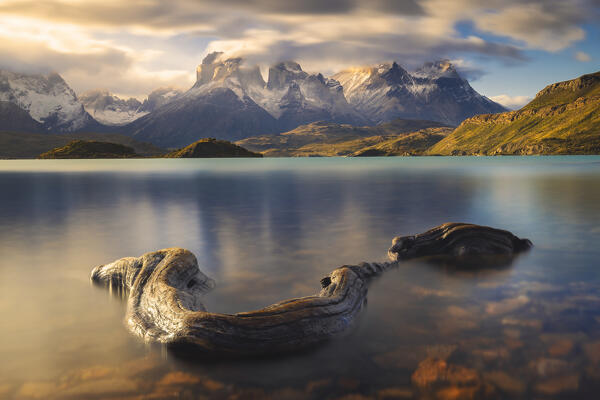 Cuernos del Paine and Lake Pehoe during sunset, Torres del Paine NP, Ultima Esperanza, Region de Magallanes y de la Antartica Chilena, Patagonia, Chile, South America