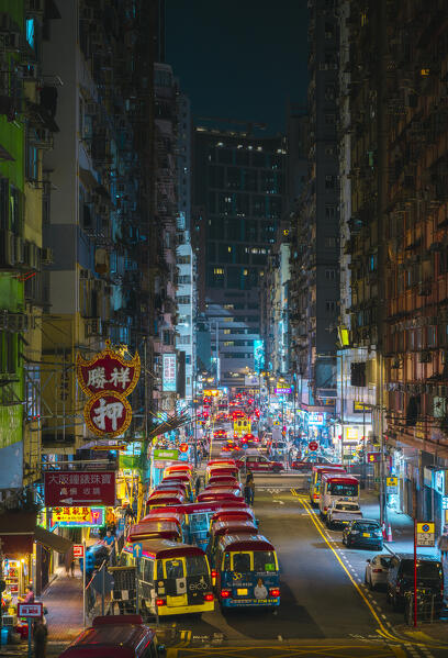 Typical buses at Tung Choi street, Mong Kok, Kowloon. Hong Kong, China, Asia