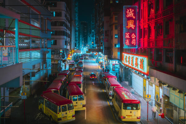 Typical buses at Tung Choi street, Mong Kok, Kowloon. Hong Kong, China, Asia