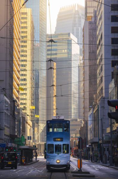 A tram in Western Market during sunrise, Sheung Wan, Hong Kong island, Hong Kong, China, Asia