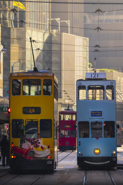 Tram in Western Market during sunrise, Sheung Wan, Hong Kong island, Hong Kong, China, Asia