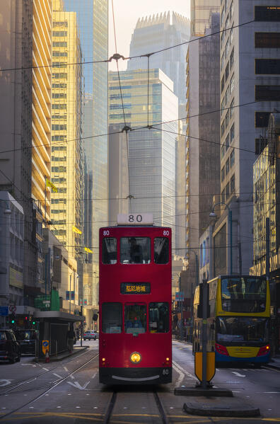 A tram in Western Market during sunrise, Sheung Wan, Hong Kong island, Hong Kong, China, Asia