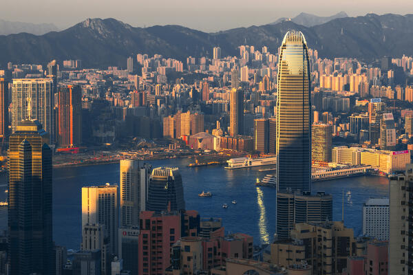 Elevated view of Hong Kong cityscape and International Finance Centre viewed from Victoria Peak during sunset, The Peak, Hong Kong island, Hong Kong, China, Asia
