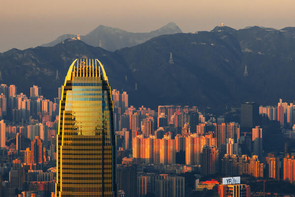 Elevated view of Hong Kong cityscape and International Finance Centre viewed from Victoria Peak during sunset, The Peak, Hong Kong island, Hong Kong, China, Asia