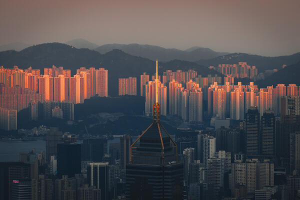 Elevated view of Hong Kong cityscape viewed from Victoria Peak during sunset, The Peak, Hong Kong island, Hong Kong, China, Asia