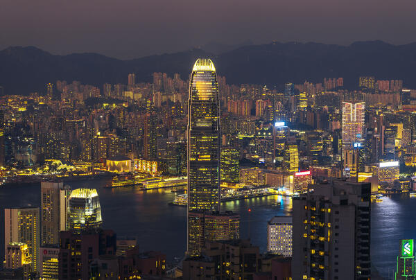 Elevated view of Hong Kong cityscape and International Finance Centre viewed from Victoria Peak during sunset, The Peak, Hong Kong island, Hong Kong, China, Asia