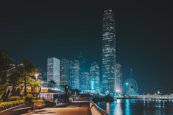 Illuminated Hong Kong cityscape viewed from Tamar Park during night, Central, Hong Kong island, Hong Kong, China, Asia