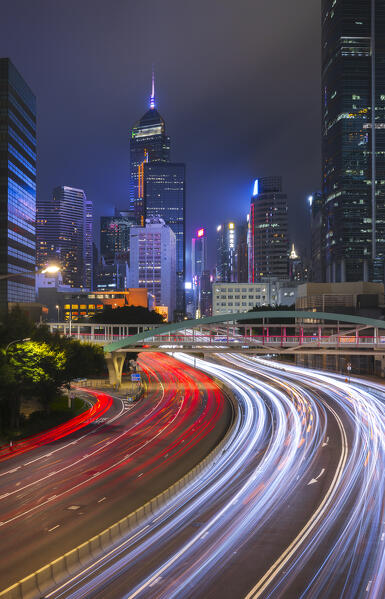 Rush hour in Wan Chai during night with car trails, Central, Hong Kong island, Hong Kong, China, Asia