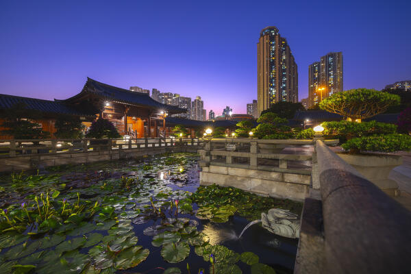 Illuminated Chi Lin Nunnery at inght, Diamond Hill, Kowloon, Hong Kong island, Hong Kong, China, Asia
