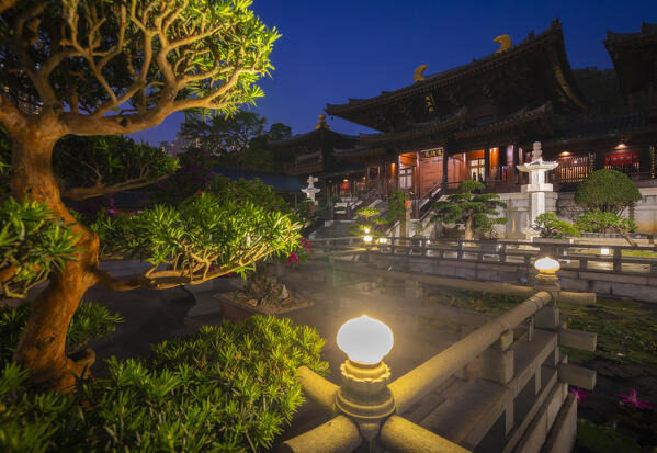 Illuminated Chi Lin Nunnery at inght, Diamond Hill, Kowloon, Hong Kong island, Hong Kong, China, Asia