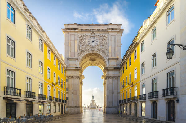 The iconic Arco da Rua Augusta during sunrise, Baixa, Lisbon, Portugal, Iberian peninsula, Western Europe