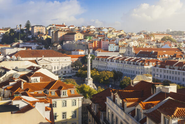 Rossio Square during sunrise viewed from Elevador de Santa Justa, Baixa, Lisbon, Portugal, Iberian peninsula, Western Europe