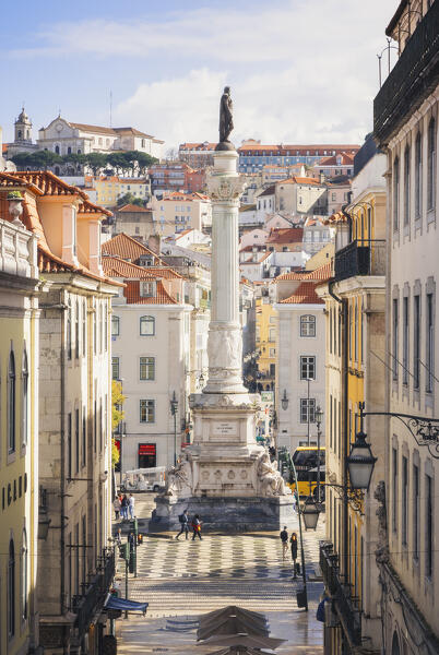 Elevated view of Rossio Square during sunrise, Baixa, Lisbon, Portugal, Iberian peninsula, Western Europe