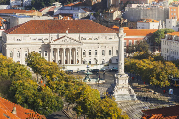 Rossio Square during sunrise viewed from Elevador de Santa Justa, Baixa, Lisbon, Portugal, Iberian peninsula, Western Europe