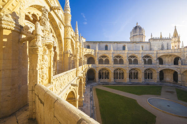 Interior view of Jeronimos Monastery during sunset, Restelo, Belem, Lisbon, Portugal, Iberian peninsula, Western Europe