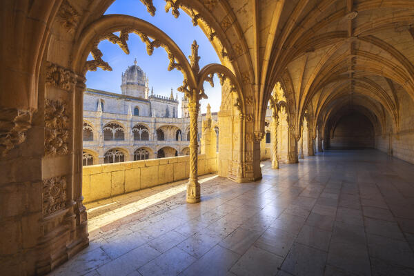 Interior view of Jeronimos Monastery during sunset, Restelo, Belem, Lisbon, Portugal, Iberian peninsula, Western Europe
