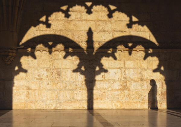 Details and shadows inside Jeronimos Monastery during sunset, Restelo, Belem, Lisbon, Portugal, Iberian peninsula, Western Europe