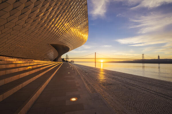 Maat Museum and 25 April Bridge at sunrise, Belem, Lisbon, Portugal, Iberian peninsula, Western Europe