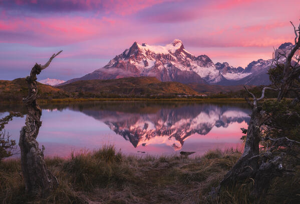 Lake Pehoe and Cerro Paine Grande in the background during sunrise, Torres del Paine NP, Ultima Esperanza, Region de Magallanes y de la Antartica Chilena, Patagonia, Chile, South America