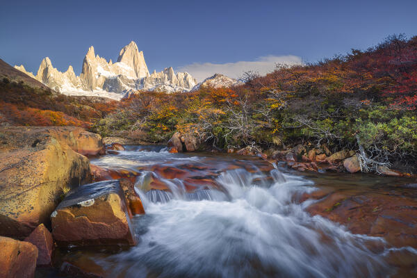 Chorrilo del Salto and Fitz Roy mountain in the background during sunrise, El Chalten, Parque Nacional Los Glaciares, Santa Cruz, Patagonia Argentina, Argentina, South America