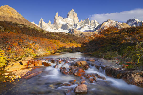 Chorrilo del Salto and Fitz Roy mountain in the background during sunrise, El Chalten, Parque Nacional Los Glaciares, Santa Cruz, Patagonia Argentina, Argentina, South America