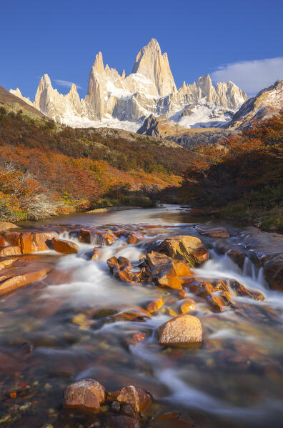 Chorrilo del Salto and Fitz Roy mountain in the background during sunrise, El Chalten, Parque Nacional Los Glaciares, Santa Cruz, Patagonia Argentina, Argentina, South America