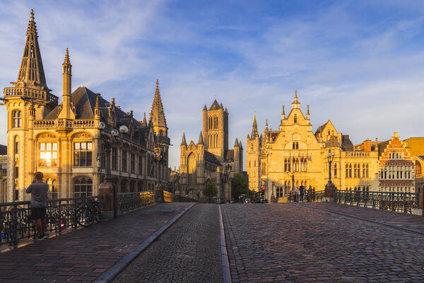 The view from St. Michael’s Bridge of Belfort, St. Nicolas Church and St. Bavone Cathedral during sunset, Gand, Belgium, East Flanders, Flanders, Western Europe